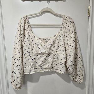 American Eagle White Floral Cotton Linen Blouse